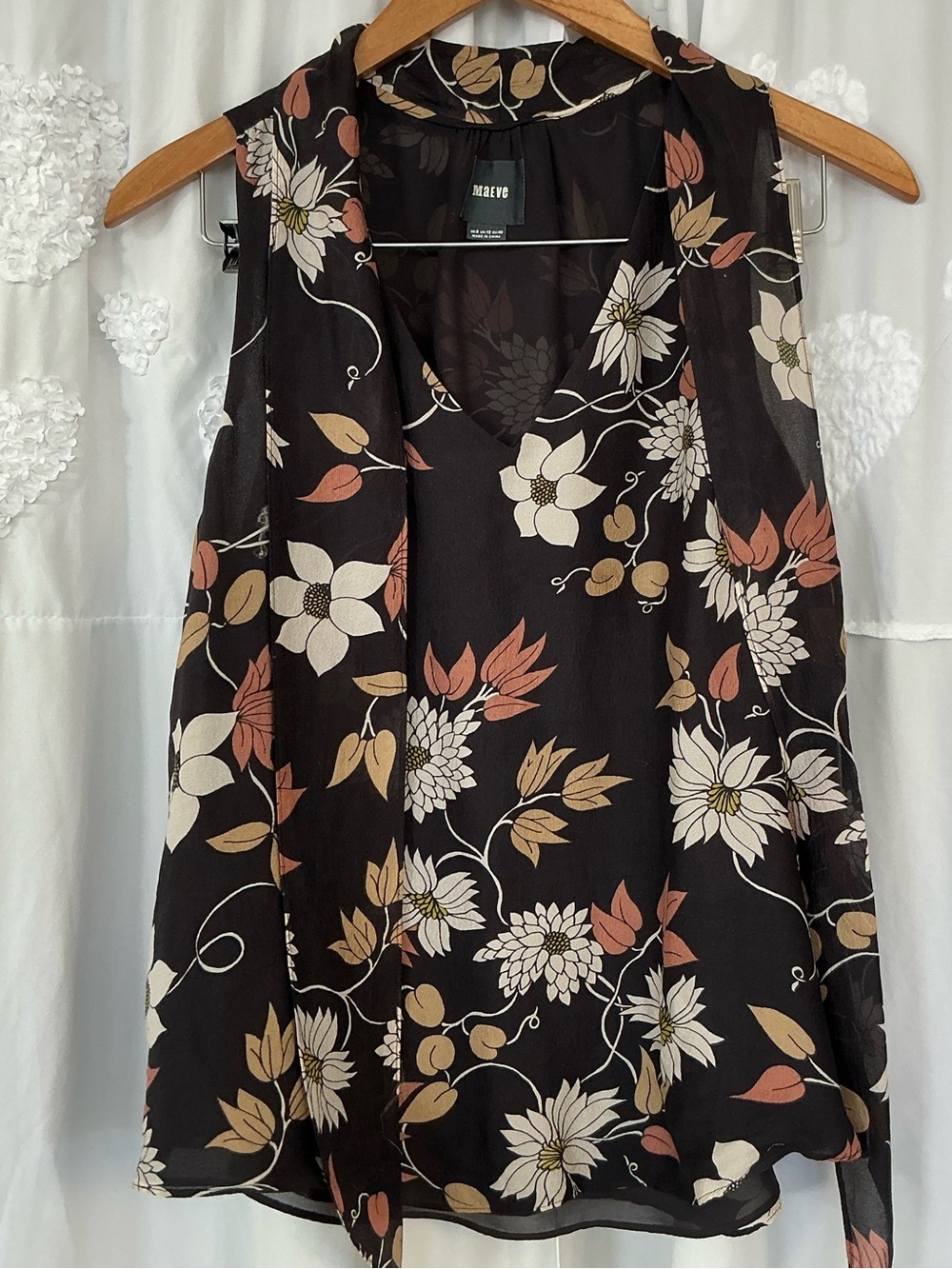 Maeve Black Floral V-Neck Tie-Should Blouse